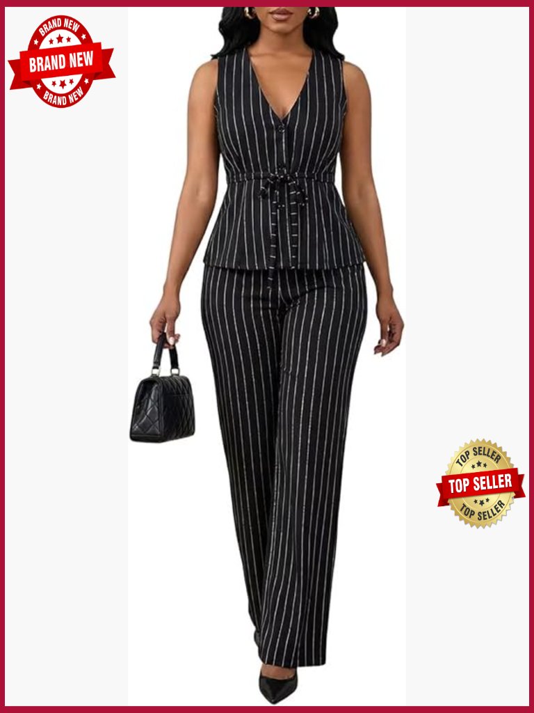 Women's 2 Piece Lounge Set V Neck Sleeveless Top Wide Leg Pants With Pockets